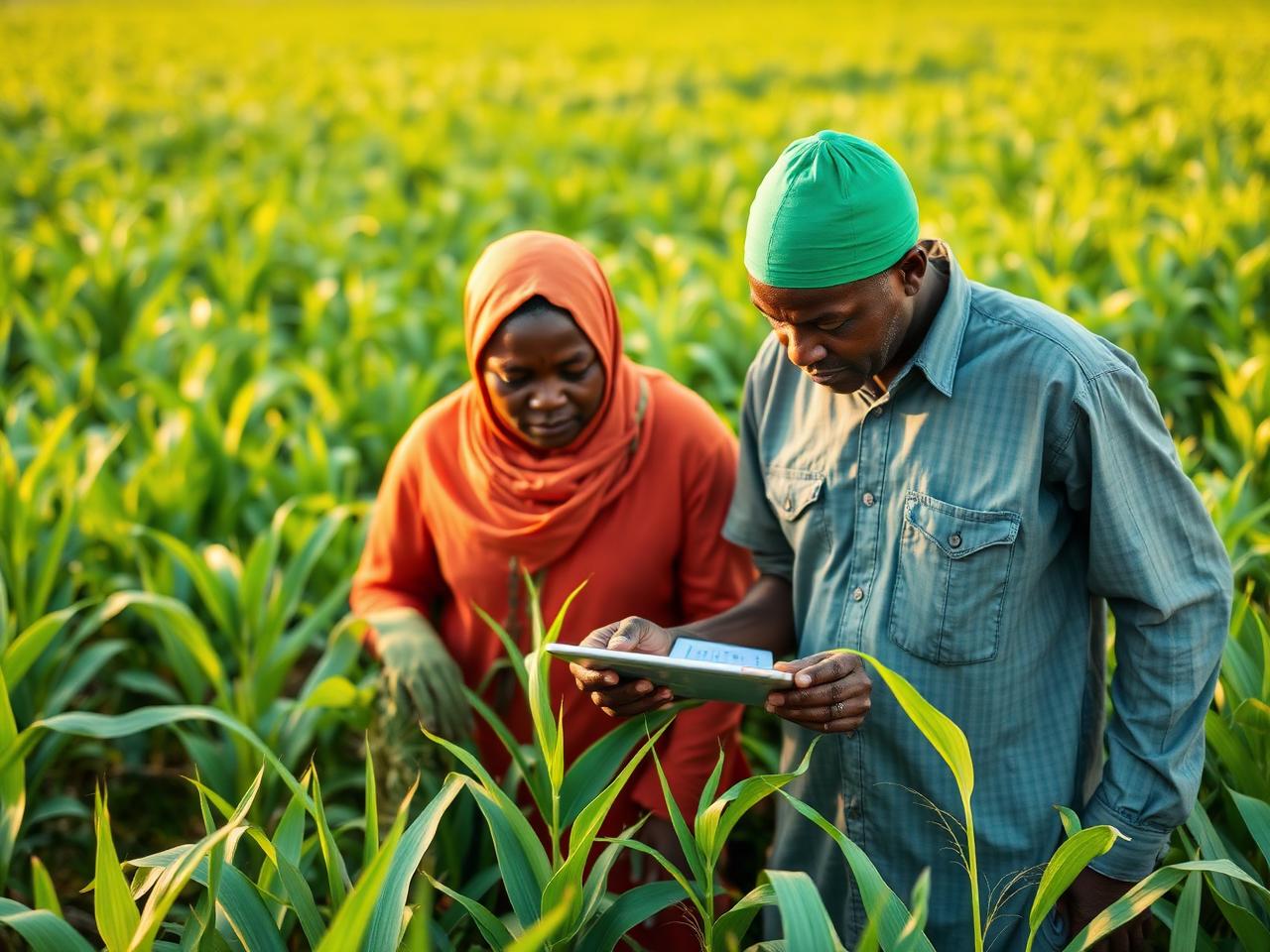Nigerian farmers checking field data on a tablet